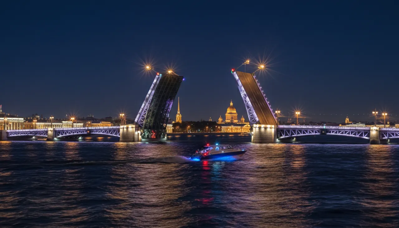 Развод мостов на катере ночью